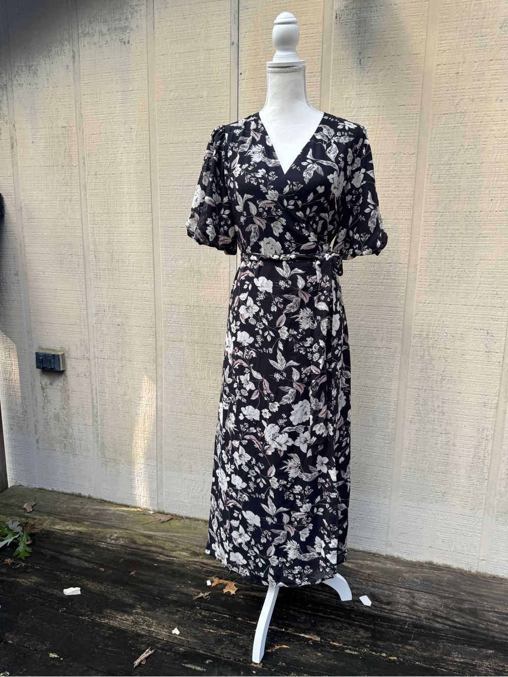 Dress Forum Black and Cream Floral Midi Wrap Dress